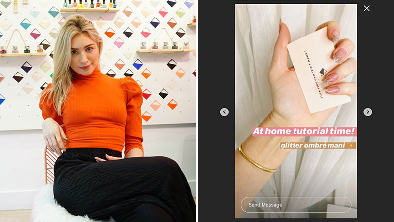 Kristin Pulaski (L), owner of Paint Bucket Nails, a modern nail salon in Brooklyn, New York, hosts DIY nail tutorials on the company’s social channels (right frame).