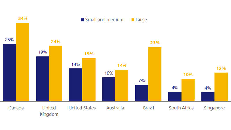 Illustration of a bar chart showing the share of firms that increased online sales and their use of online sales channels. See image description.