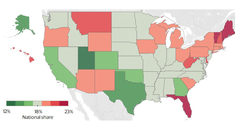 Healthcare jobs are likely to grow most in states with aging populations. See image description for details.