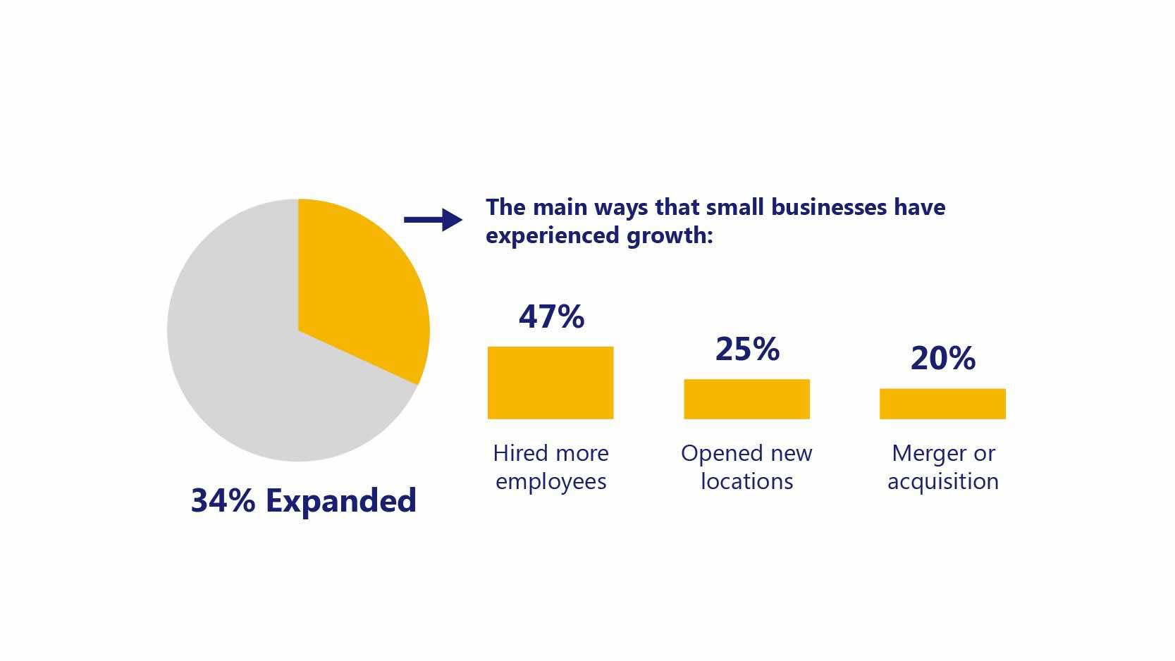 Pie chart shows 34% of small businesses have expanded, with 47% hiring more people, 25% adding new locations and 20% growing by mergers/acquisitions.