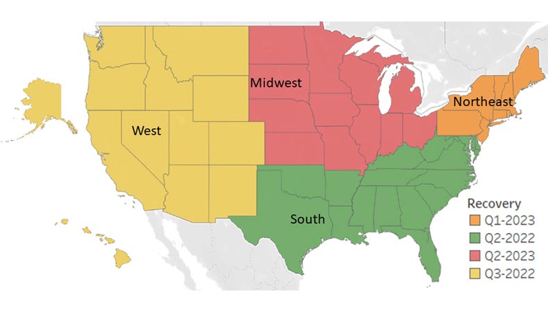 A map showing the quarter when each region is expected to reach its pre-pandemic level of employment. See image description.