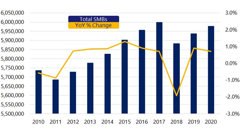 Bar chart showing total number of small businesses the year-over-year change in that number by year from 2010 to 2020. See image description.