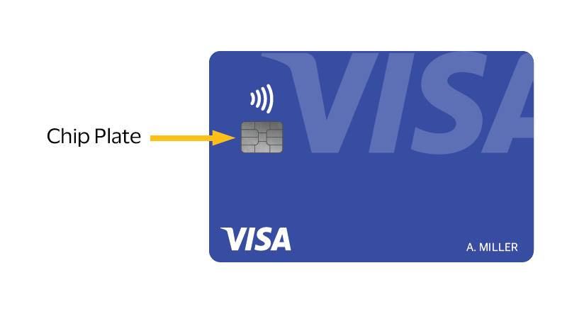 Front of a contactless card showing the contactless chip plate.