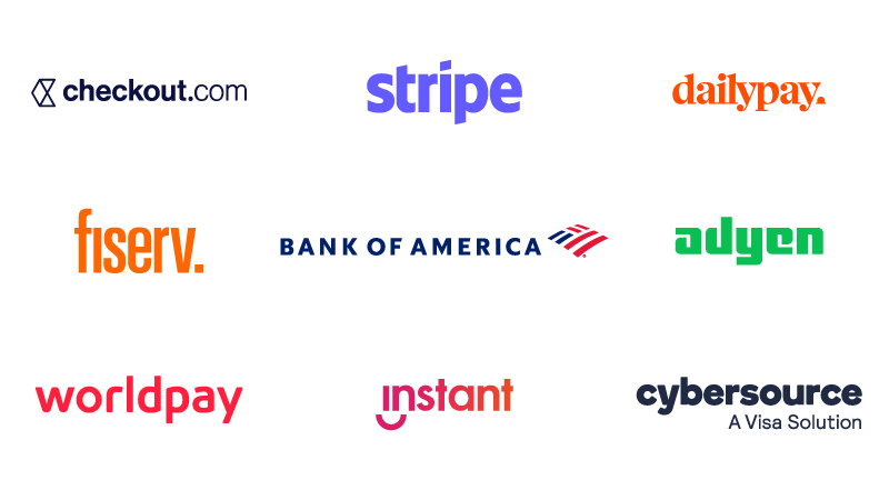 Logos for checkout.com, stripe, dailypay, fiserv., Bank of America, adyen, worldpay from FIS, instant and cybersource, a Visa Solution.